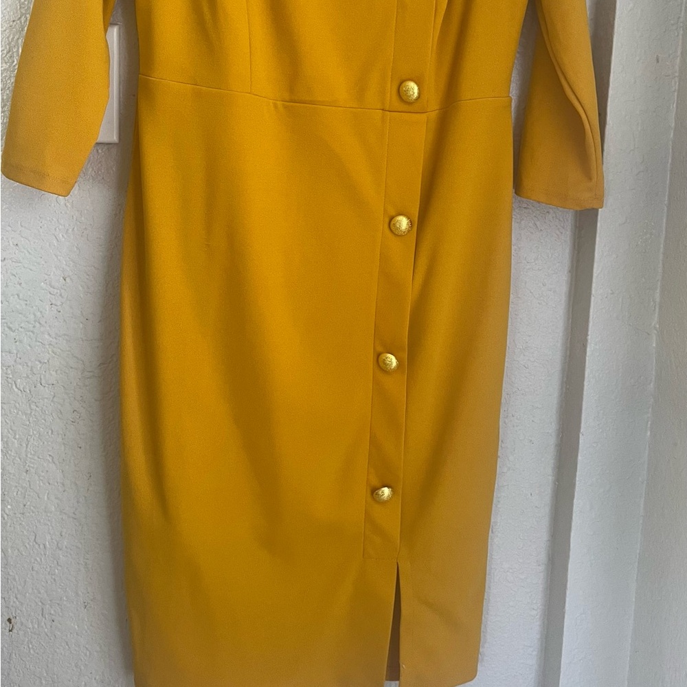New York & Company Yellow Long Sleeve Dress with Gold Accents
